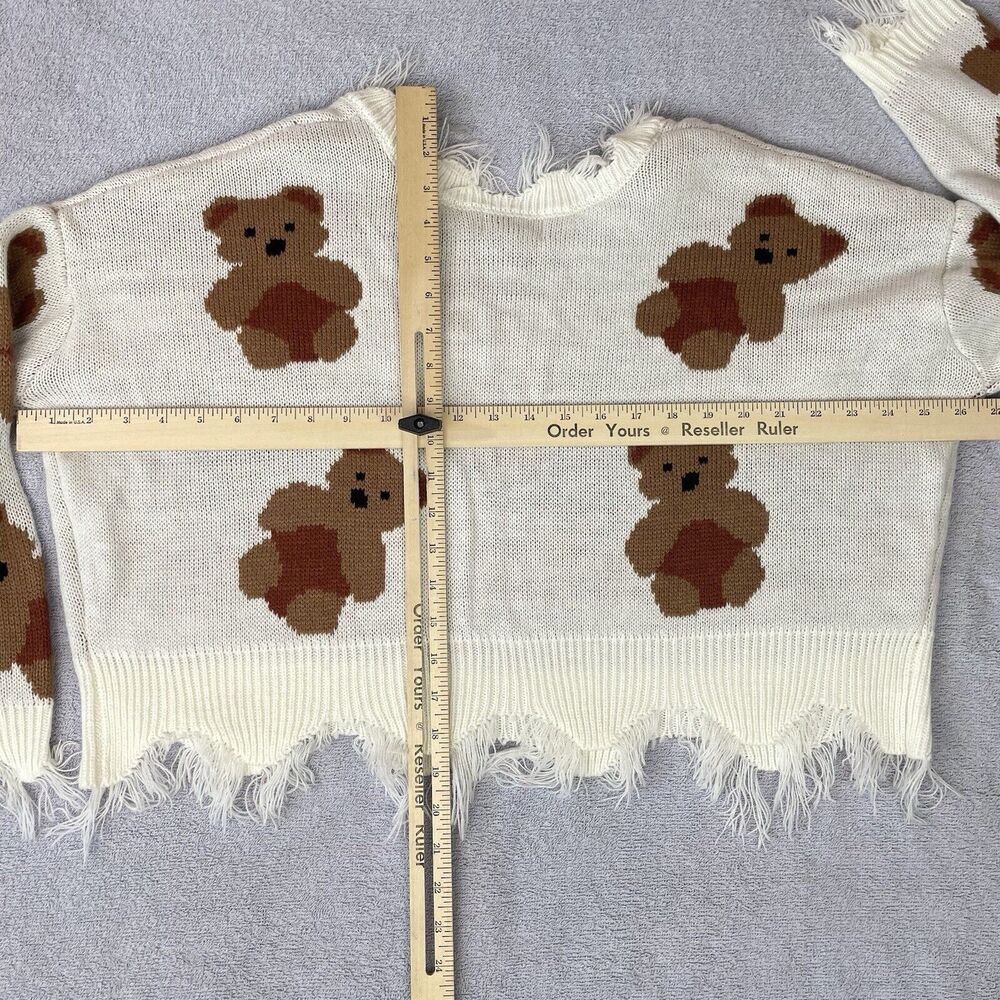 Just Polly NY Teddy Bear Sweater Women's Medium V-Neck Fray Frilly Knit - Picture 13 of 14
